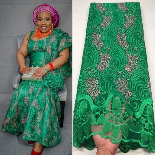 New Collection! High Quality Green African Lace Fabric With Heavy Beaded Nigerian Tulle Lace Bridal Dress Fabric 5 Yards