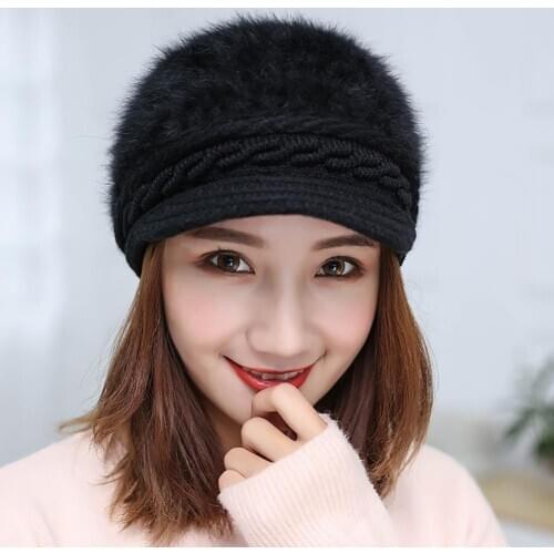 Autumn Winter Outdoor Casual Beanies Knitted Faux Rabbit Fur Warm Beret Cap Hat