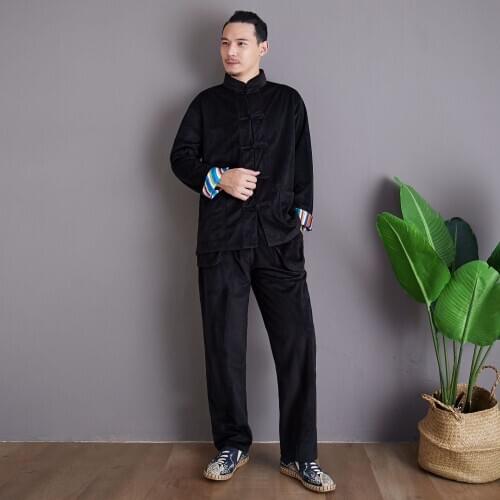 Autumn winter men sportswear tai chi kungfu uniforms Chinese traditional loose sweatshirt+pant fitness jogger outfit casual set