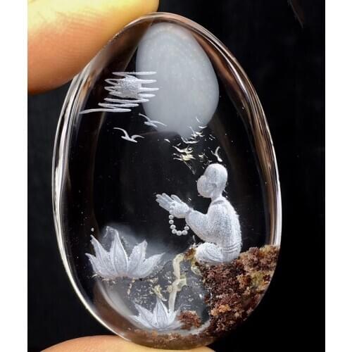 Flower Natural Ghost Crystal Pendant Hand Carved Sanzen Enlightenment Pendant Sweater Chain Necklace Lucky for Women Men Jewelry