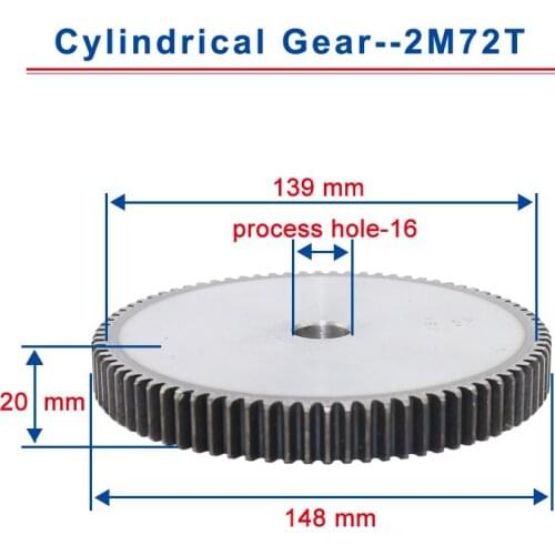 1piece 2M72T spur gear teeth outer diameter 148mm cylindrical gear process hole 16mm flat gear 45#carbon steel total height 20mm
