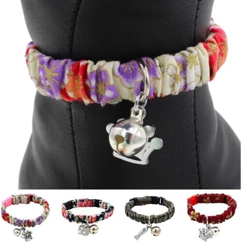 Pet Cloth Craft Collar for Cats and Small Dogs with Wrinkled Flowers Printed Design and Bells Adopting the Insert Buckle