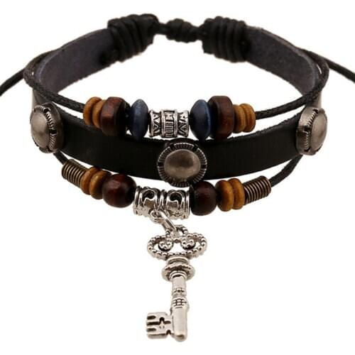 Vintage Key Beads Charm Leather Cuff Bracelet Wax Cords Multilayer Black Bangle Wrap Wristbands for Women Men Retro Jewelry Gift