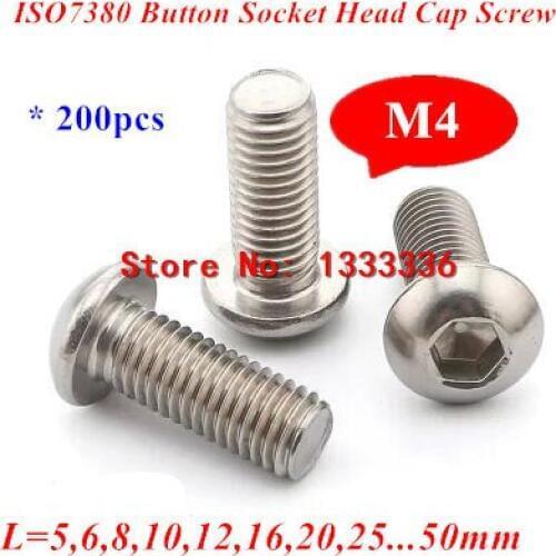 200pcs M4 ISO7380 Stainless steel A2 Round Head Screws Hexagon Socket Button Head Screw Bolts M4*5/6/8/10/12/16/20/25/30-50mm