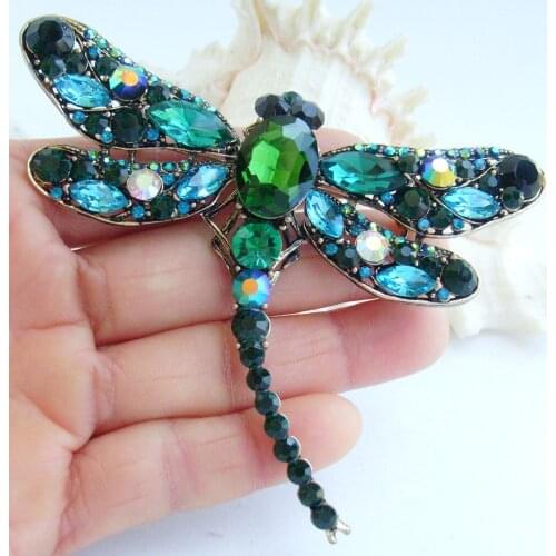 3.74" Gold-tone Blue Green Rhinestone Crystal Dragonfly Brooch Pin Pendant EE05684C7