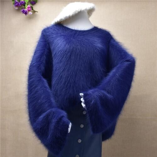 Elegant fashion ladies women mink cashmere plus size loose long flare sleeves pullover angora rabbit hair jumper sweaters mujer