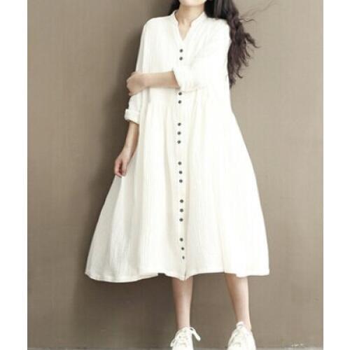 Cotton Linen White Color Women Dress 2017new spring Literature art Retro Linen Bat sleeves Long Stand Neck Loose Plus Sizedress