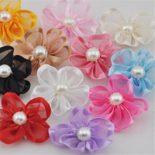 10pcs Upick Lots Ribbon Flowers W/pearl Appliques Craft DIY Wedding Deco A0116