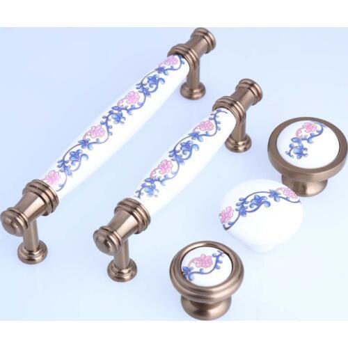128mm Man Teng flowers ceramic dresser wine cabinet door handles bronze rural procelain drawer watch tv table knobs pulls 5"