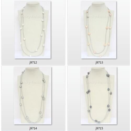 54" 13mm rice Baroque white black gray pink purple beads Strand pearls Gray leather necklace j9715