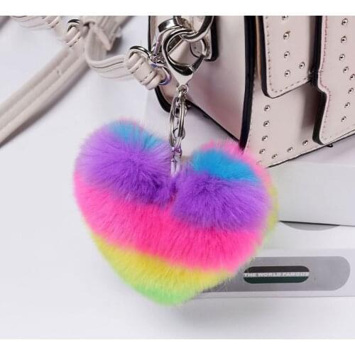 Heart Pompoms Keychain Rainbow Plush Balls Key Chains Decorative Pendant For Women Bag Accessories Keychains Car Fashion Keyring