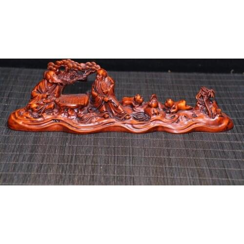 10" China Lucky Old Boxwood Hand-carved Panasonic Game Penholder Chess game Old man and child getting along well Office Ornament