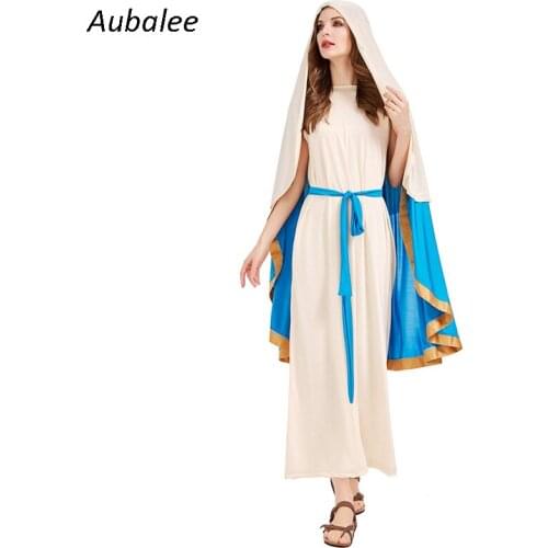 Virgin Mary Costume Christian Nun Sister Cosplay Women Purim Halloween Costume Missionary Fancy Dress With Hood Elastic Fabric