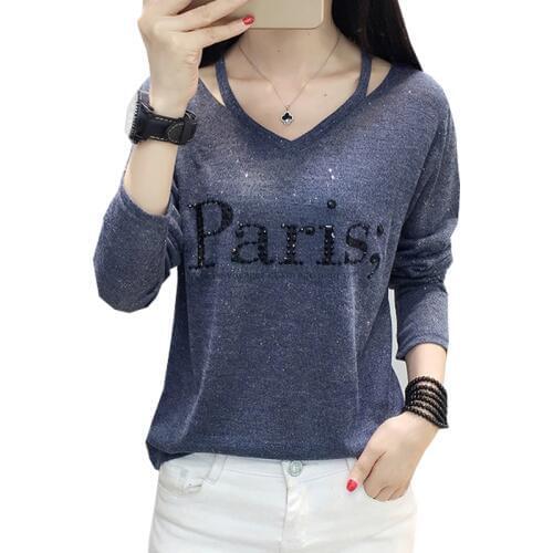 Tee Shirt Femme V-Neck T-Shirt Women Clothes 2019 Autumn Casual Diamonds Letter Tshirt Long Sleeve Tops Korean Woman Clothes