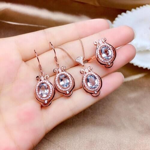 Personality Trend Natural And Real Aquamarine Jewelry set 925 sterling silver 1pc Ring,1pc Pendant,2pcs Earring
