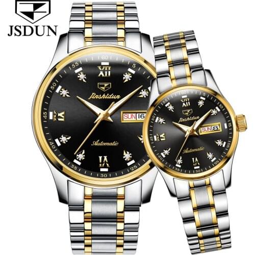 JSDUN 2021 Couple Watch Mens Brand Gold Luxury Fashion Ladies Waterproof Mechanical Stainless Steel Watch Reloj Hombre 8763