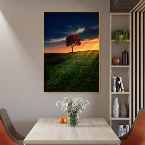 Grassland Landscape Art Canvas Painting Red Tree Posters and Prints Wall Pictures Modern Living Room Home Decoration Painting