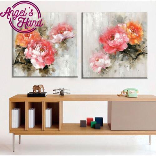 2 Piece pink yellow peonies pictures,5D Diamond Painting Cross Stitch,3D Diamond Mosaic,DIY Diamond Embroidery home Decoration