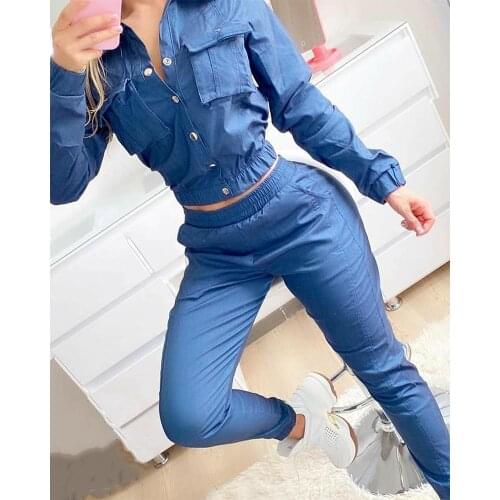 Women Fashion Casual Two-Piece Set Suits Set Female Autumn Clothes Pocket Design Top & Flared Pants Set Denim 2 Piece Set Women