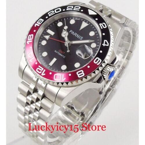 PARNIS GMT Mechancial Men Wristwatch Rotating Bezel Jubilee Band Date Window Sapphire Glass