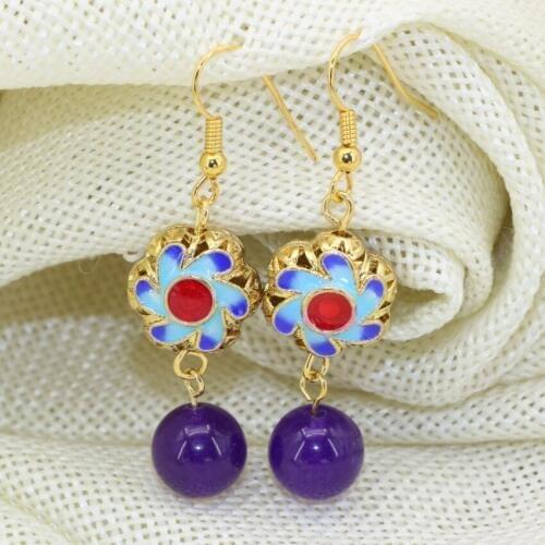 Fashion free shipping fine carved hollow gold-color cloisonne jades long drop dangle earrings for women clothes jewelry B2636