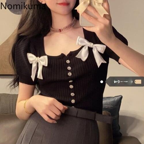 Nomikuma Korean Diamonds Bowknot Square Collar Knitted Cardigan Sweet Short Sleeve Summer Thin Women Knitwear 2021 New 6H478