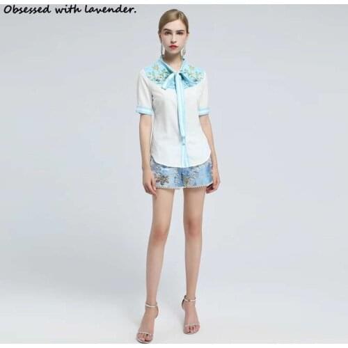 Obsessed with lavender. New goddess blue two-piece suit shirt shorts beaded cool summer Printing heavy industry