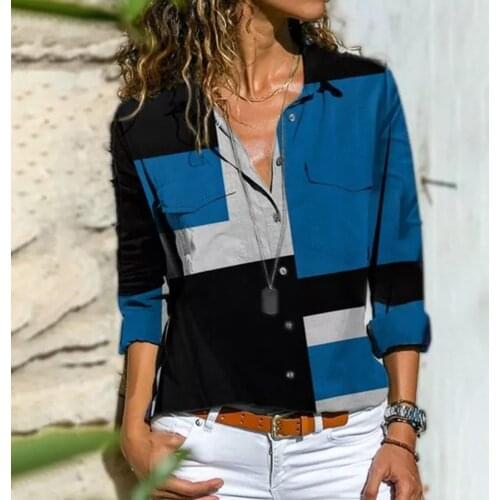 WomenS Print Shirts Tops Long Sleeve Lapel Blusas De Mujer Y Camisas Mujer Gepmetric Pattern Streetwear Female Shirts Blusas