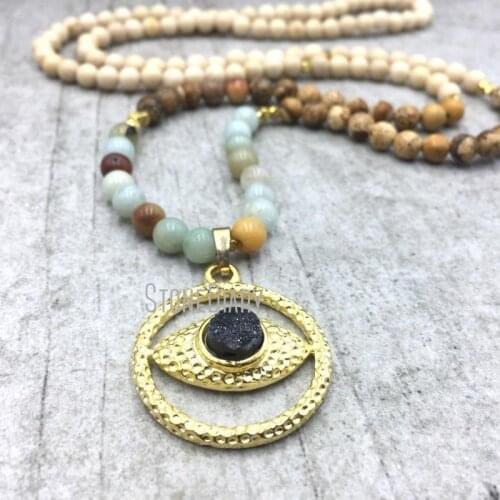 5Pcs Irregular Surface Circle Necklace Beige White River Stone Necklace Picture Jaspers Stone Amazonite On Sale 32inch NM4843