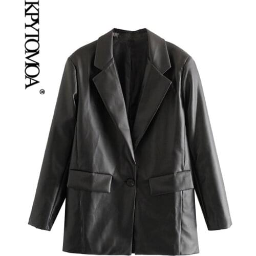 KPYTOMOA Women 2021 Fashion Faux Leather Pockets Loose Blazer Coat Vintage Long Sleeve Back Vents Female Outerwear Chic Tops
