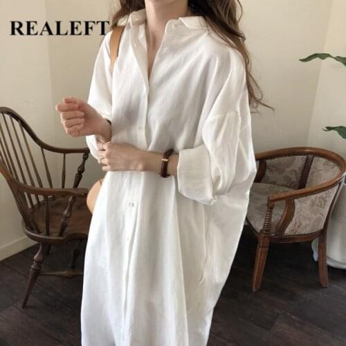 REALEFT Spring Summer 2021 New Oversize Women Long Dresses Casual Loose Fashionable Vintage Single Breasted Female Shirts Dress