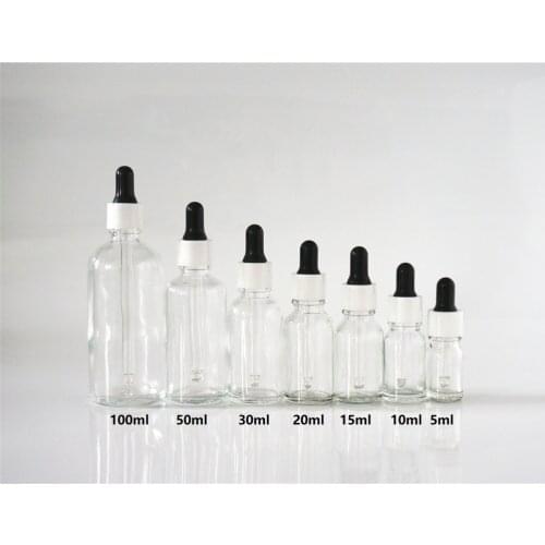 5/10/15/20/30/50/100ml Clear Essential Oil Bottle Reusable White Black Rubber Head Dropper Cap Plastic Cover Glass Containers