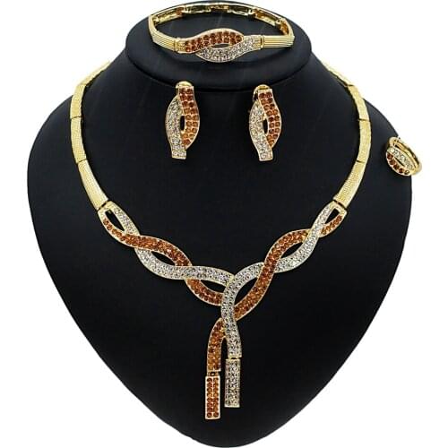 Yulaili New Trendy Red Rhinestone Necklace Earrings Charm Brangle Ring Dubai Gold Jewelry Sets For Women Party Jewelery Set