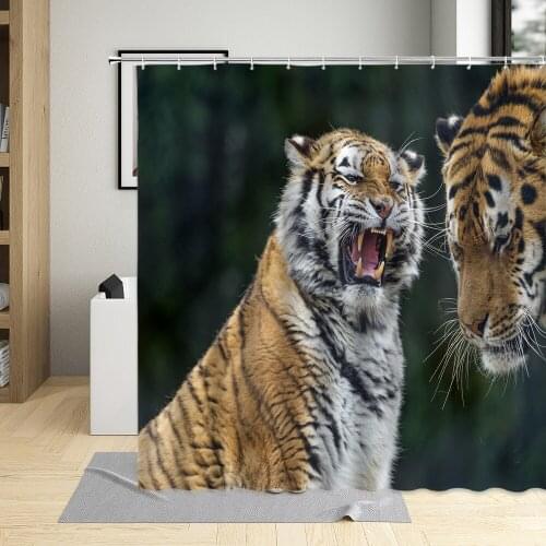Grassland Wild Animals Tigers Shower Curtain Jungle Lion Bathroom Home Decor Ferocious Tiger Head Bath Curtains Hooks Waterproof