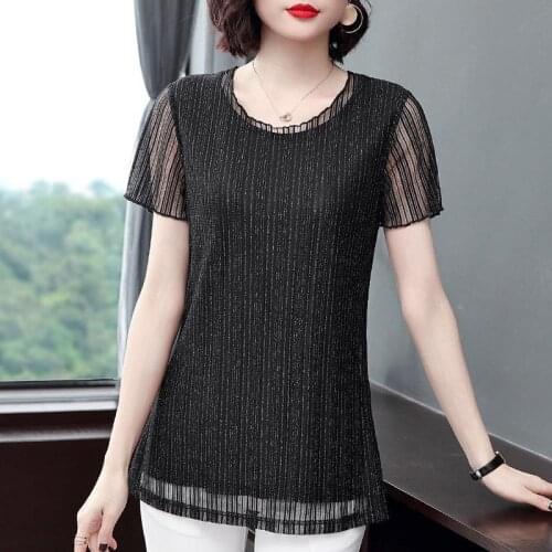 Plus Size 5XL Women Mesh Striped Printed Blouses Shirts Lady Casual O-Neck Spring Summer Style Short Sleeve Blusas Tops