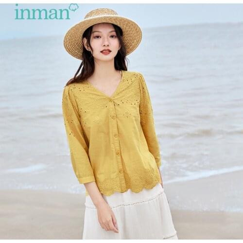 INMAN Summer Womens Blouse Elegant Retro Yellow Or White Cotton V-Neck Hollow Embroidered Lace Hem Button Cardigan Female Shirt