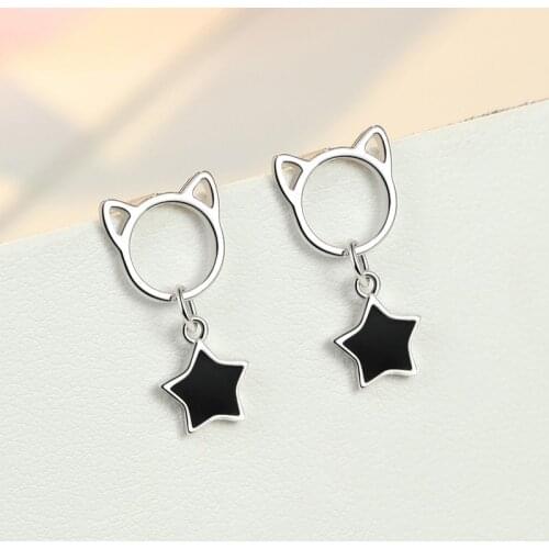925 Sterling Silver Cat Black Tassel Star Charm Stud Earrings For Women Girl Elegant Party Jewelry Prevent Allergy eh272