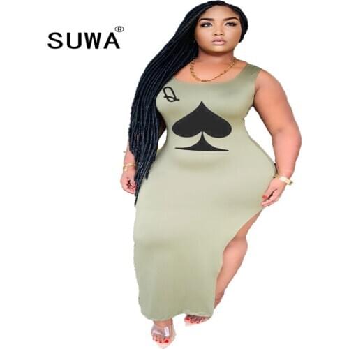 Women New Sleeveless Black Queen Poker Card Print Tank Maxi Dress Sexy Party Club Bodycon Side Split Midi Long Dresses