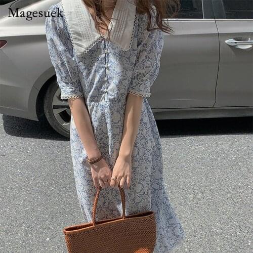 Vintage Chic Summer Women Dress Print Floral Polo Neck Bubble Sleeve Dress High Waist Women Spring Casual Dress Vestido 14149