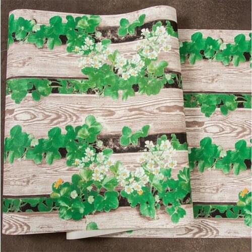 Beibehang 3d three-dimensional wood grain green plants vertical stripe wallpaper Idyllic flowers retro porch personality wall
