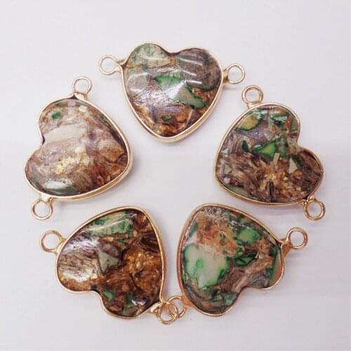 5Pcs 27x15x6mm Alloy Serging Green & Brown Sea Sediment Jasper & Pyrite Love Heart Pendant DIY Jewelry Bracelet Accessories M459