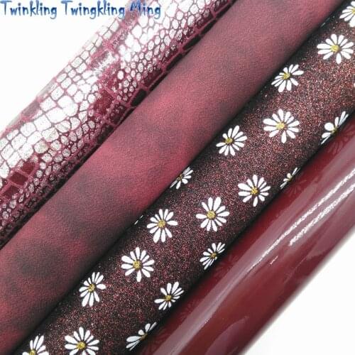 Wine Glitter Leather with Daisy Flowers, Patent Faux Fabric Iridescent Leather For Bow 21x29CM Twinkling Ming KM431
