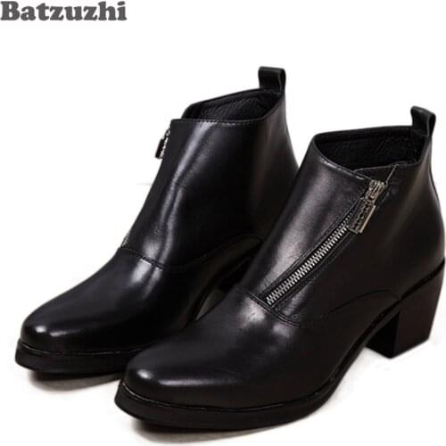 Batzuzhi 6.8CM Heels Black Men Boots Genuine Leather Fashion British Style Mens Boots Round Toe Square High Heels Men Black, 46