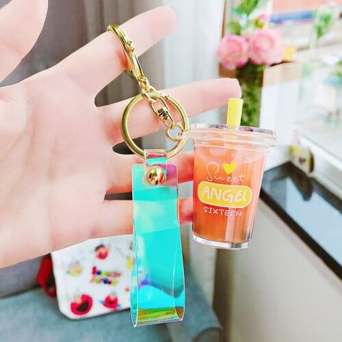 2021 Cute Creative Milk Tea Cup Keychain Liquid Crystal Quicksand Glitter wristband Key Ring Car Bag Pendant for Women Bag D566
