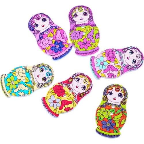 New 100PCS Mixed 2-Hole Wooden Buttons Russian Doll Fit Sewing DIY Scrapbooking Craft 30X17MM