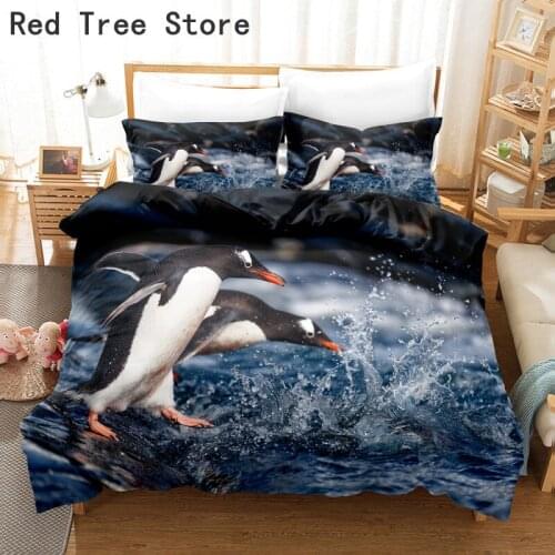 Home Living Luxury 3D Penguin Print 2/3Pcs Microfiber Duvet Cover Pillow Case Bedding Sets Queen King Full Twin AU/EU/US Size