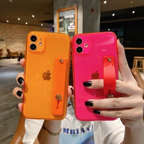 Fluoresce Transparent Wrist Strap Phone Case For iPhone 12 mini 11 Pro Max X XR Xs 7 8 6S Plus SE 2020 Hand Band Kickstand Cover