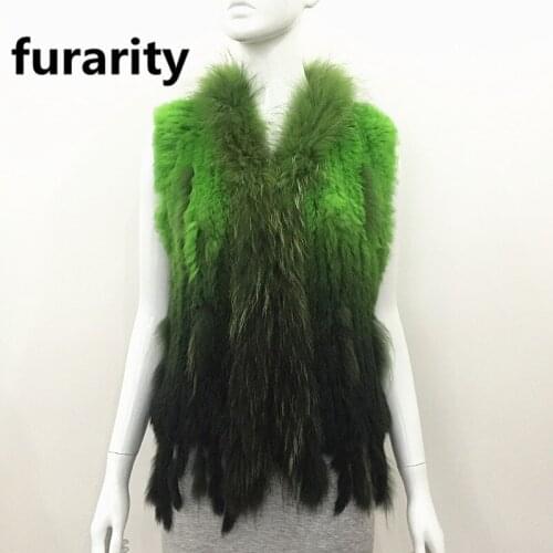Furarity hot sale new colours knitted real fur vests gradient colorful women rabbit vests with big raccoon fur collar and tassel