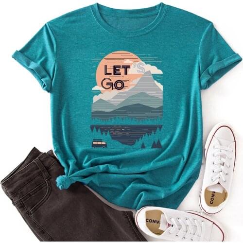 Women Crew Neck Short Sleeve Casual Summer T-shirts Graphic Tee Shirts Tops Female Clothes Lets Go Shirts for Woman