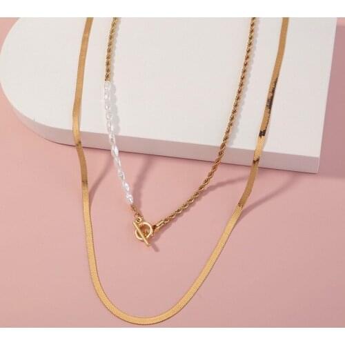 KC Gold Simple Style OT Buckle Double Layered Clavicle Long Chain Retro Pearl Necklace Flat Gold Wire Chain Choker Women Jewelry